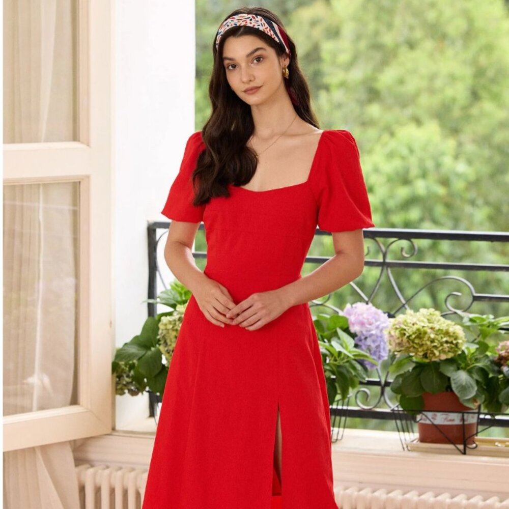 Rihoas Red Sweetheart Neck Slit Midi Dress Size Small New With Tags!